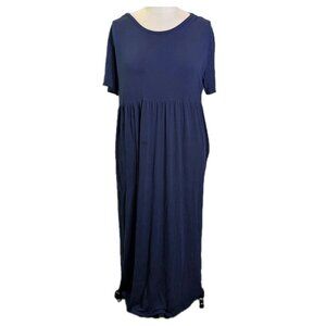 LONGYUAN Knit Maxi Dress with Pockets in Navy Blue